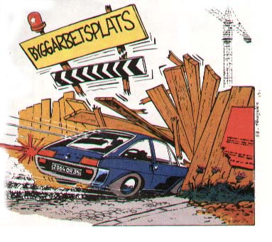 Renault 15 crashing into a construction site